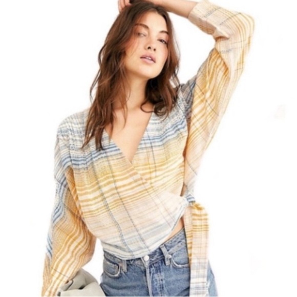 Free People we the free Maldives Stripe Wrap Top Misty Combo Knotted Tie Cotton - Picture 1 of 14